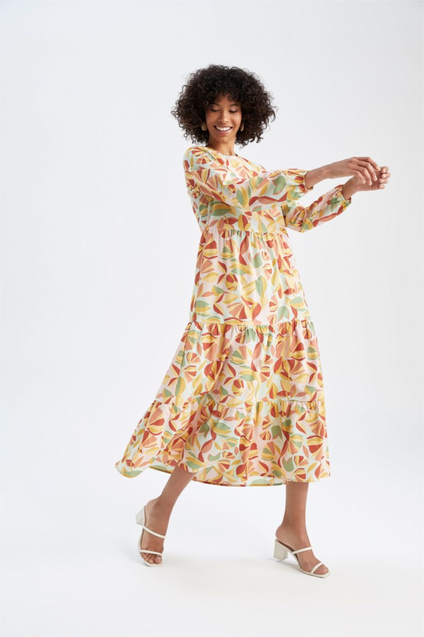 FEMME Turquoise Robe tissée à manches longues en popeline florale à col rond coupe classique