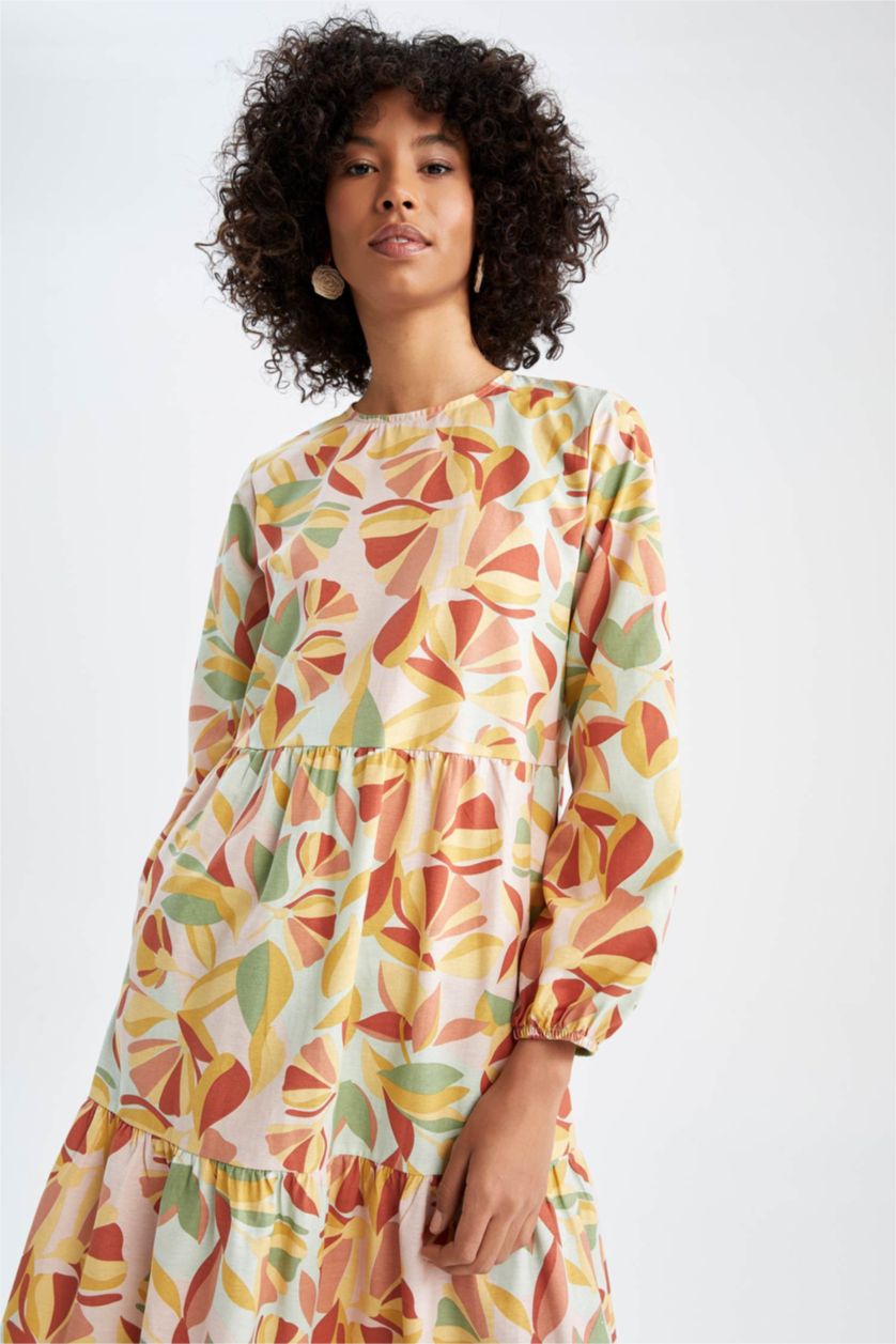 FEMME Turquoise Robe tissée à manches longues en popeline florale à col rond coupe classique