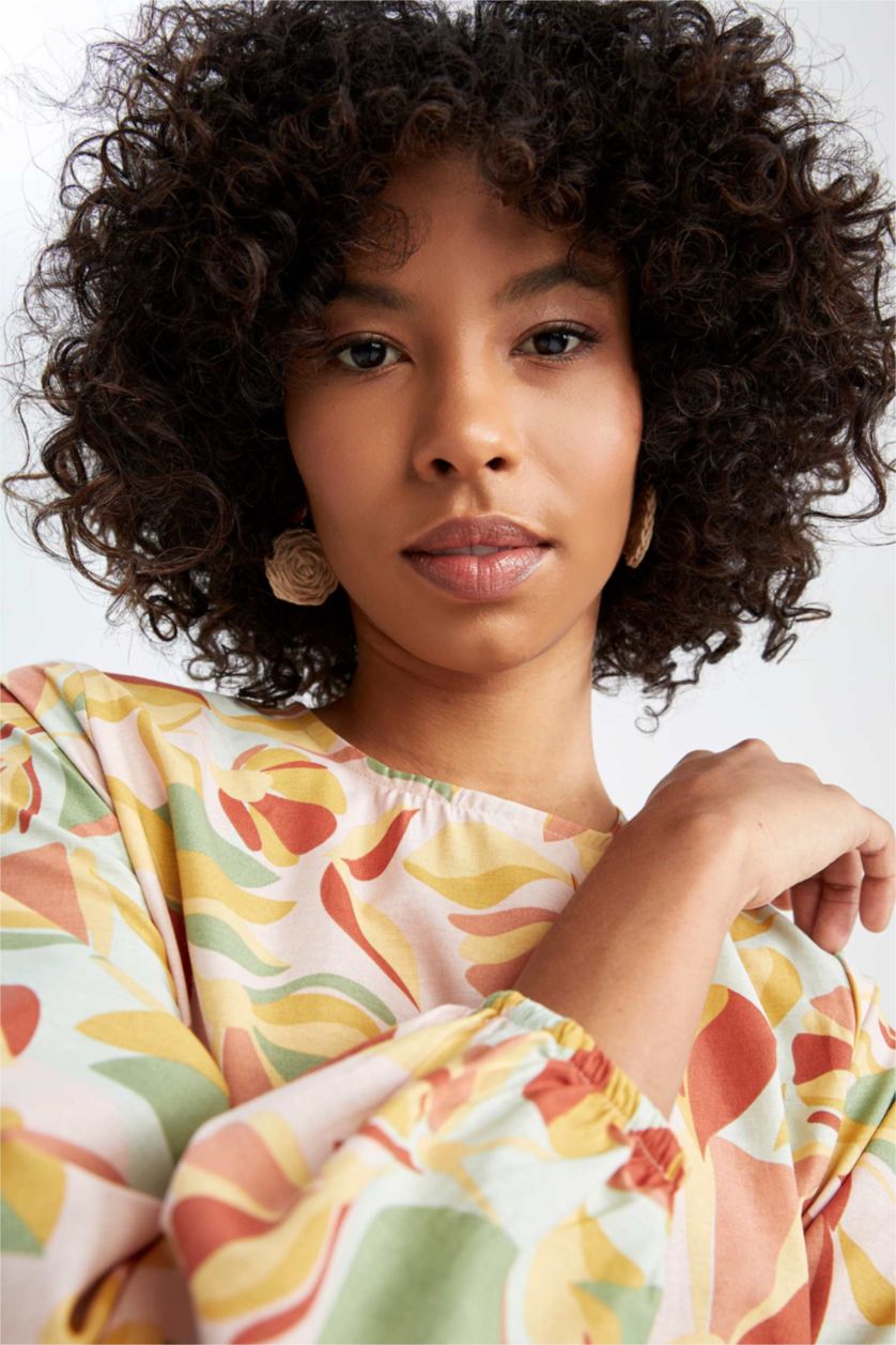 FEMME Turquoise Robe tissée à manches longues en popeline florale à col rond coupe classique