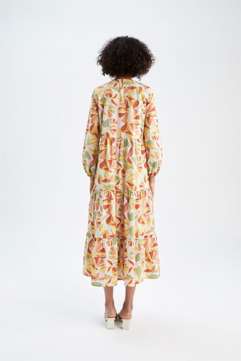 FEMME Turquoise Robe tissée à manches longues en popeline florale à col rond coupe classique