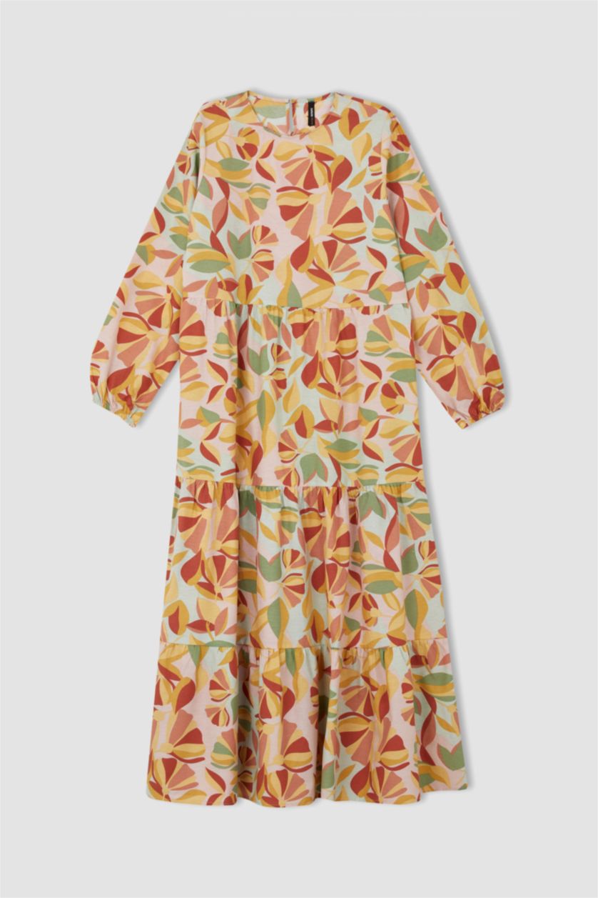 FEMME Turquoise Robe tissée à manches longues en popeline florale à col rond coupe classique