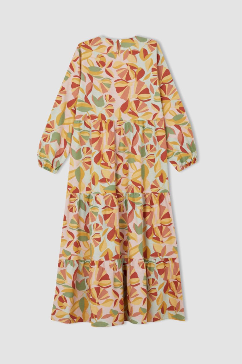 FEMME Turquoise Robe tissée à manches longues en popeline florale à col rond coupe classique