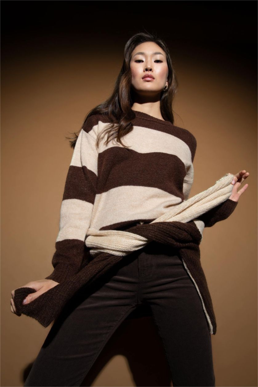 WOMAN Brown Regular Fit Crew Neck Sweater