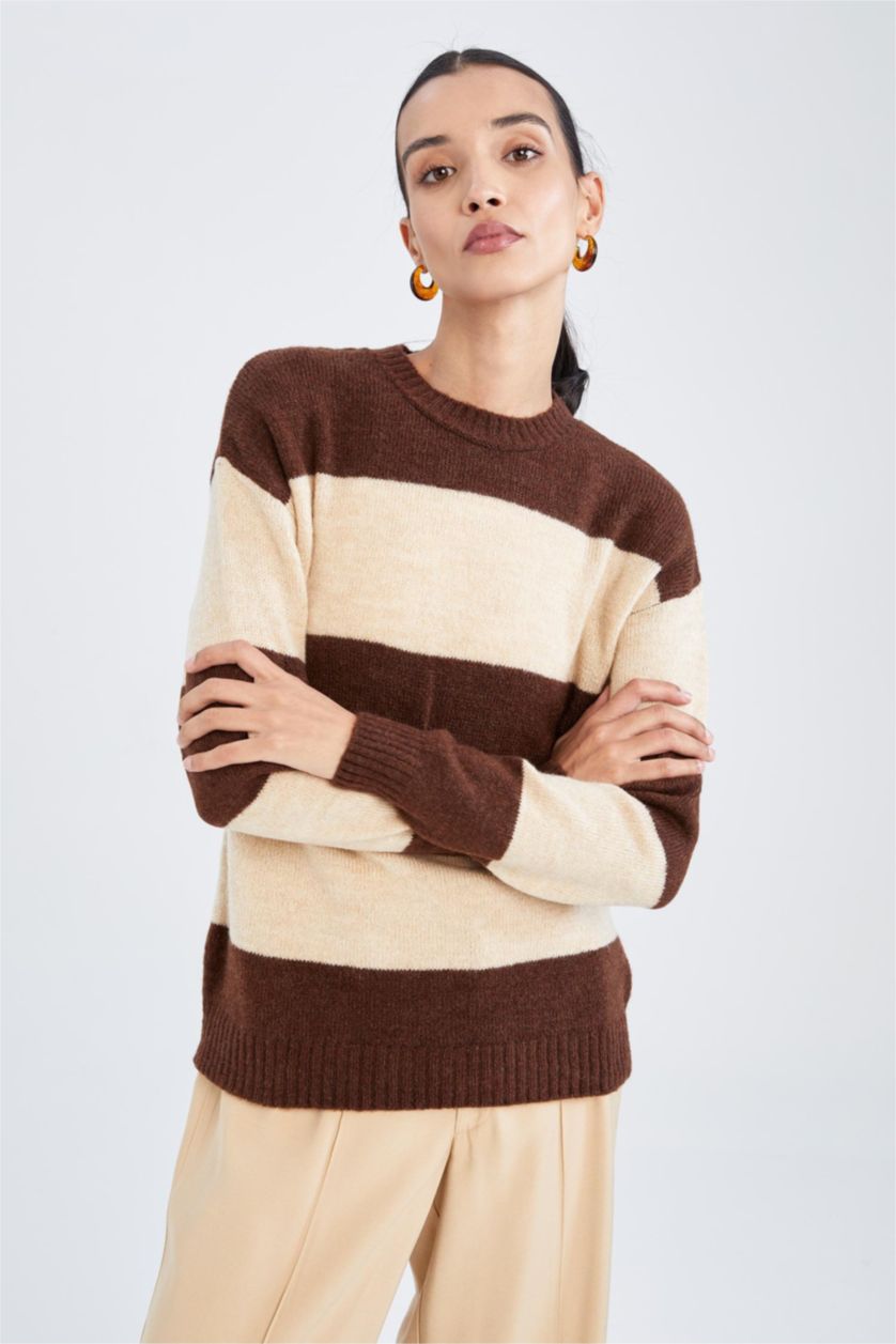 WOMAN Brown Regular Fit Crew Neck Sweater