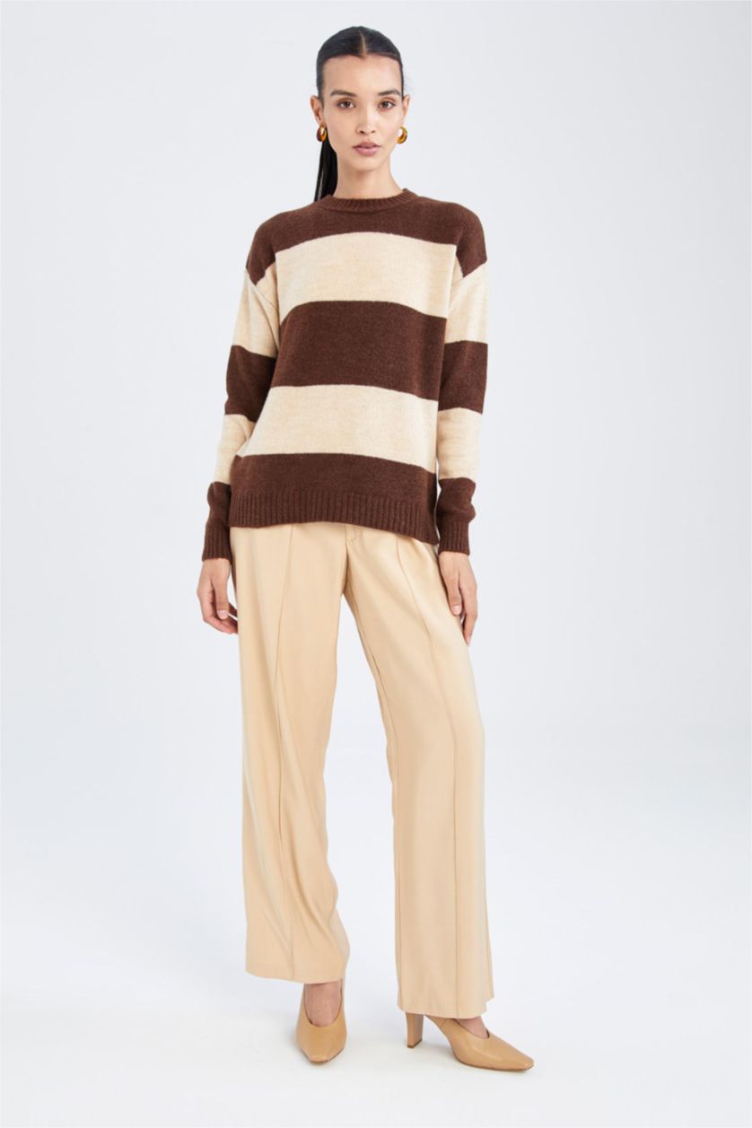 WOMAN Brown Regular Fit Crew Neck Sweater