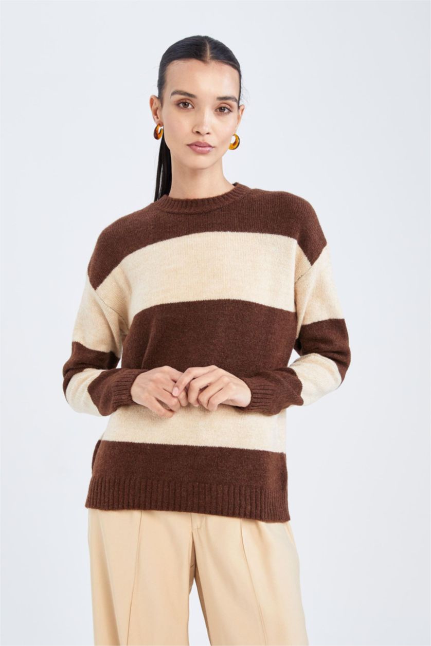 WOMAN Brown Regular Fit Crew Neck Sweater