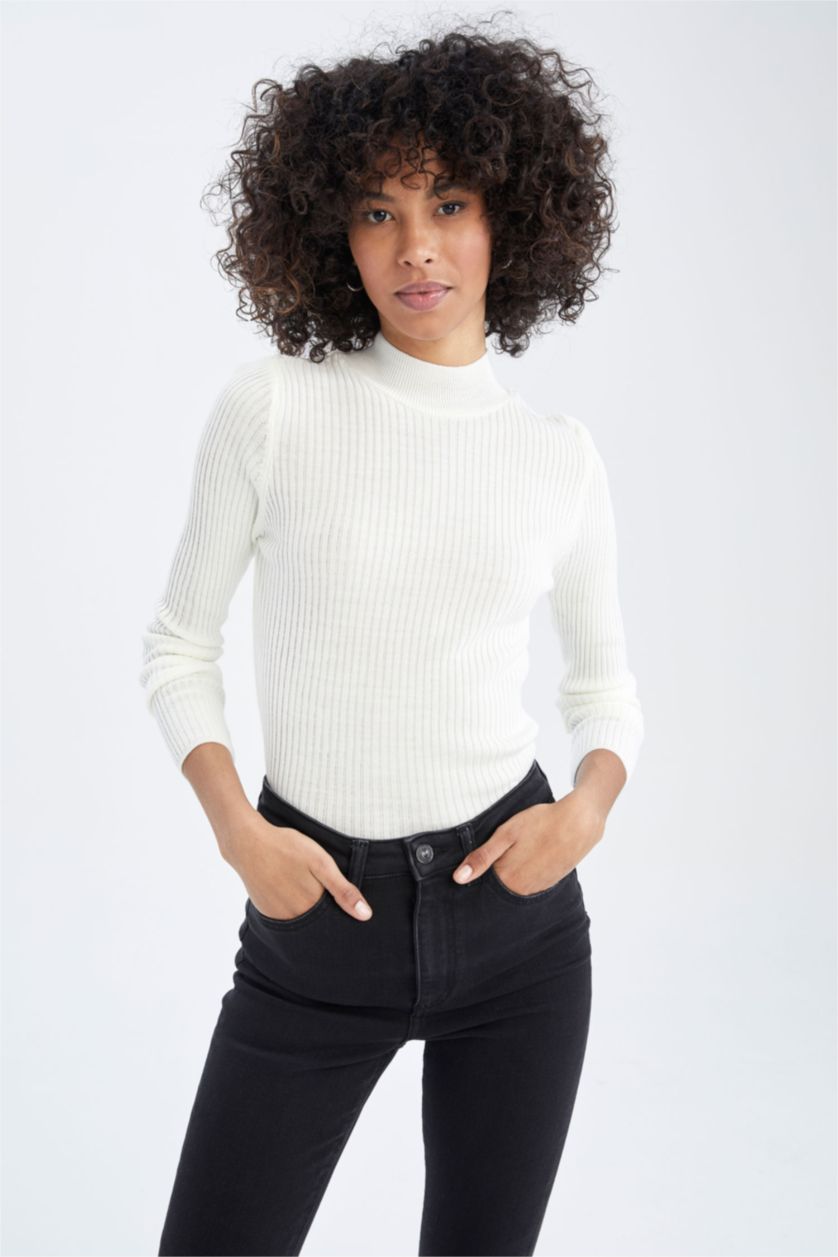 WOMAN Ecru Slim Fit Half Turtleneck Ribana Pullover