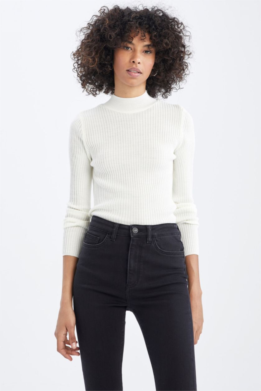 WOMAN Ecru Slim Fit Half Turtleneck Ribana Pullover