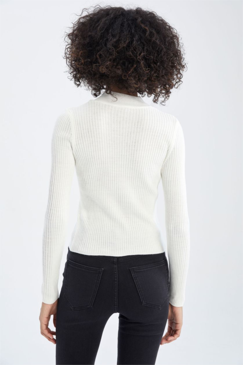 WOMAN Ecru Slim Fit Half Turtleneck Ribana Pullover