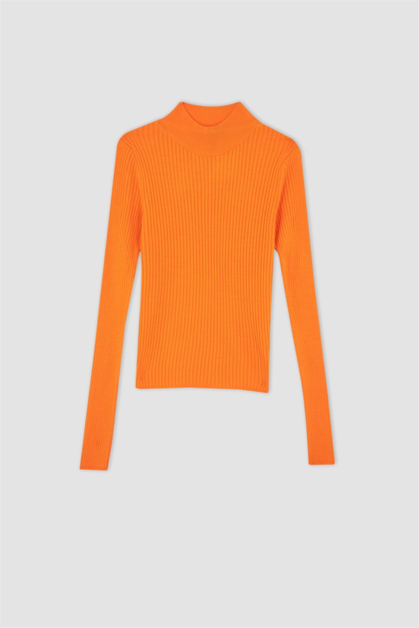 FEMME Orange Foncé Pull côtelé ajusté à demi col roulé