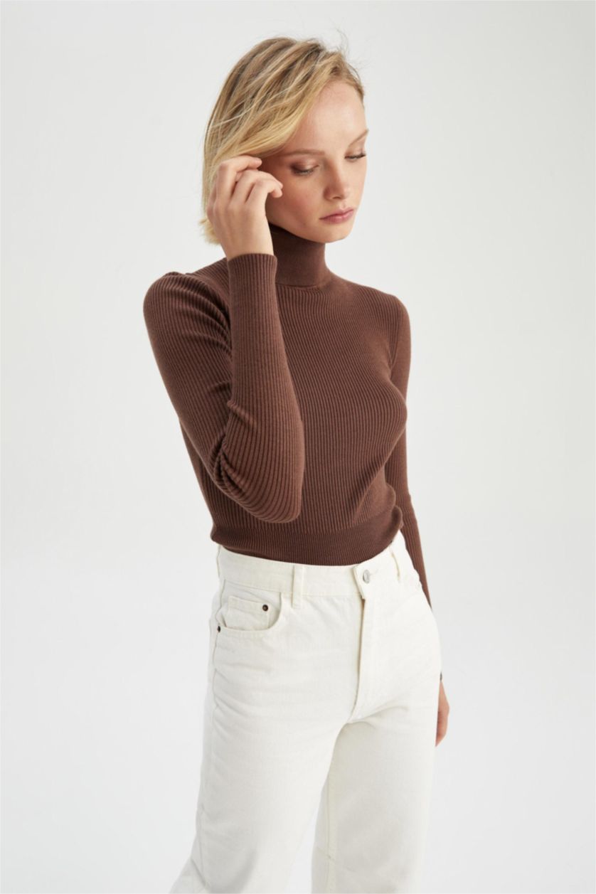 WOMAN Brown Fitted Turtleneck Rib Pullover