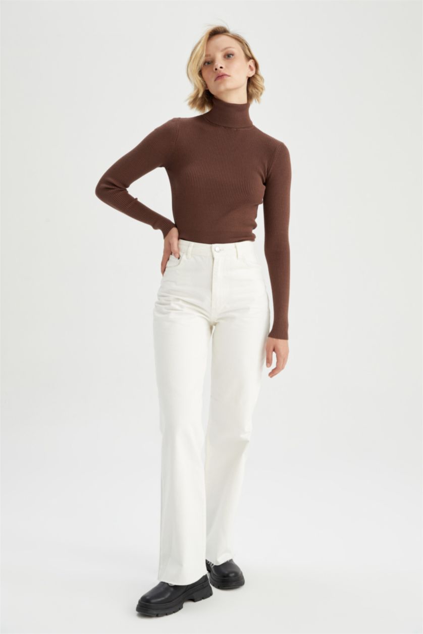 WOMAN Brown Fitted Turtleneck Rib Pullover