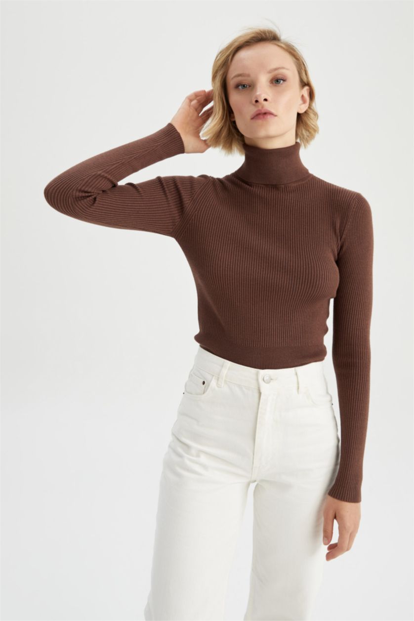 WOMAN Brown Fitted Turtleneck Rib Pullover