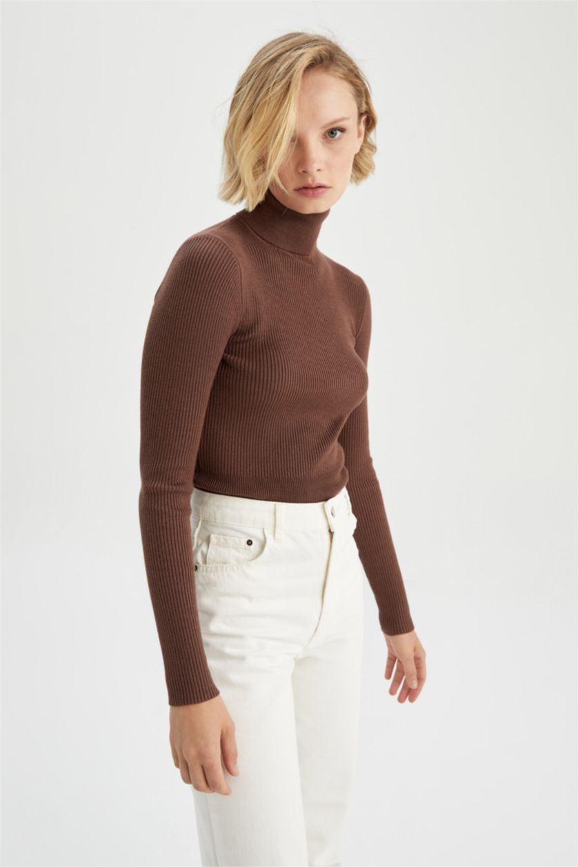 WOMAN Brown Fitted Turtleneck Rib Pullover