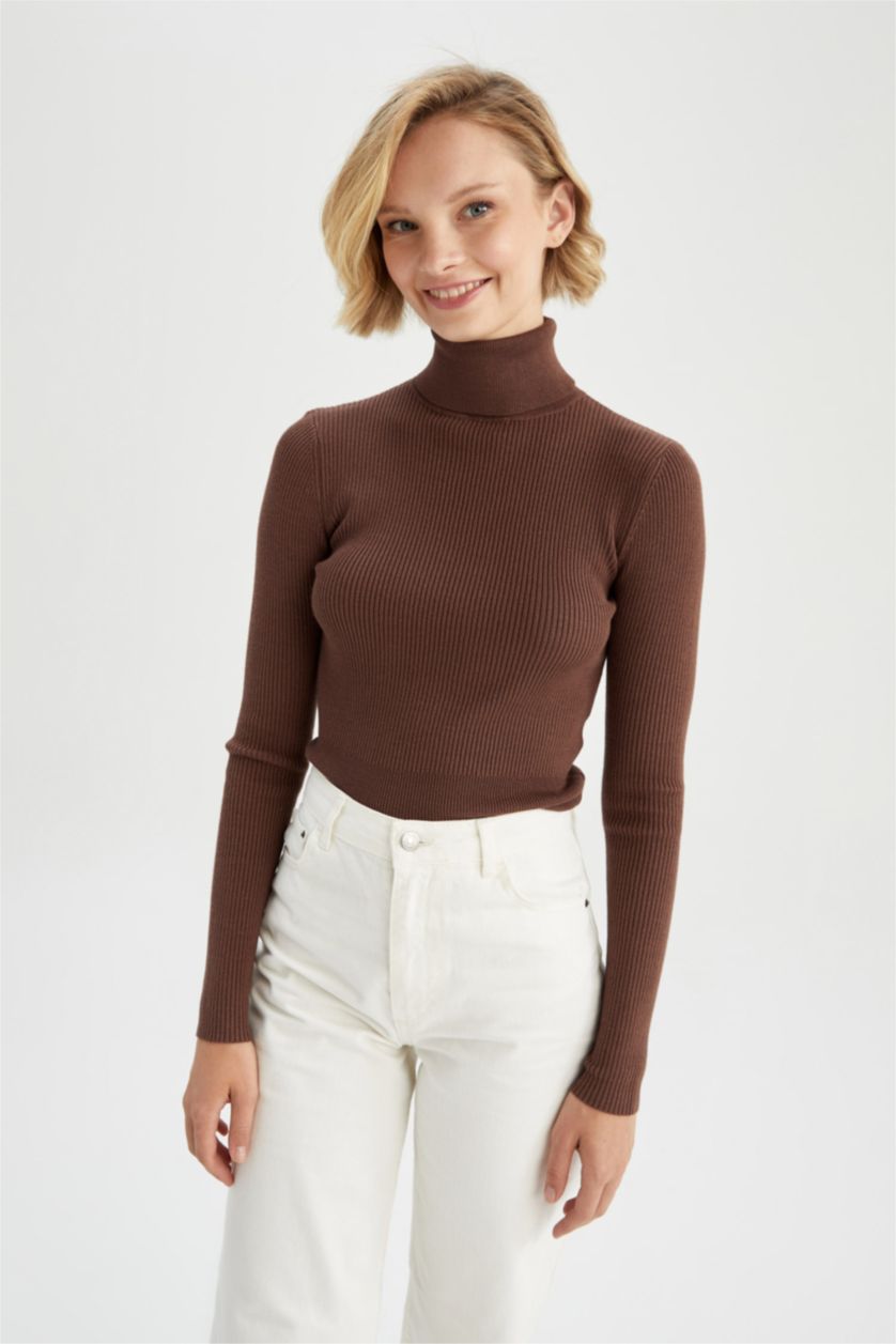 WOMAN Brown Fitted Turtleneck Rib Pullover