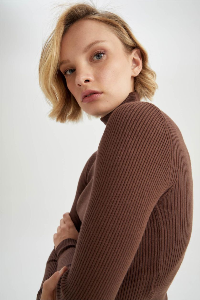 WOMAN Brown Fitted Turtleneck Rib Pullover
