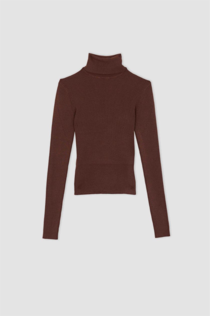 WOMAN Brown Fitted Turtleneck Rib Pullover