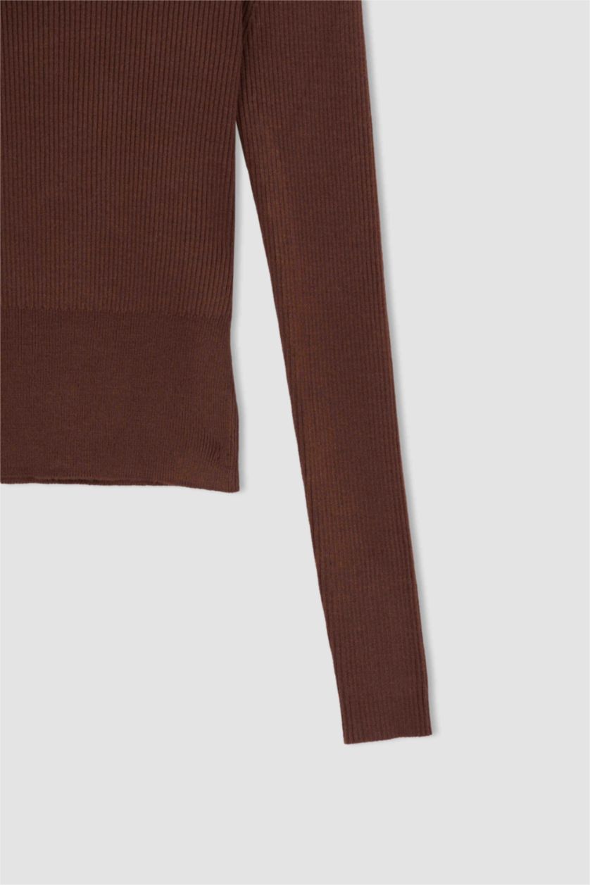 WOMAN Brown Fitted Turtleneck Rib Pullover