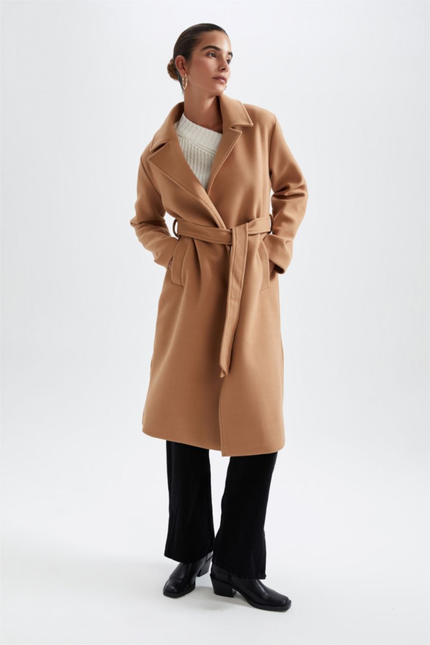 WOMAN Camel Regular Fit Belted Long Coat