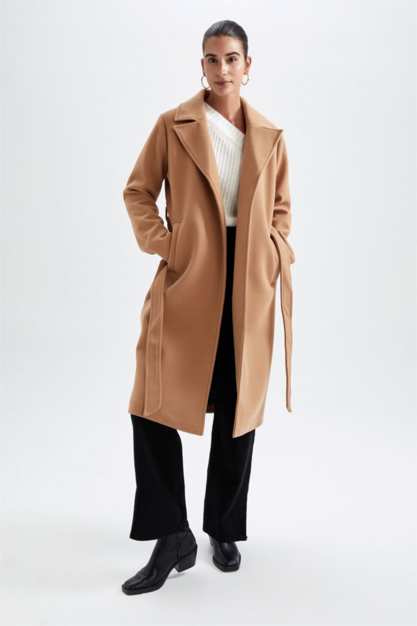 WOMAN Camel Regular Fit Belted Long Coat