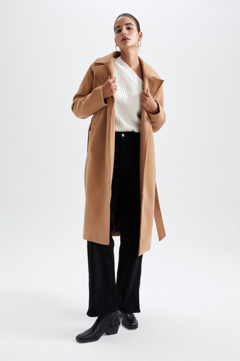 WOMAN Camel Regular Fit Belted Long Coat