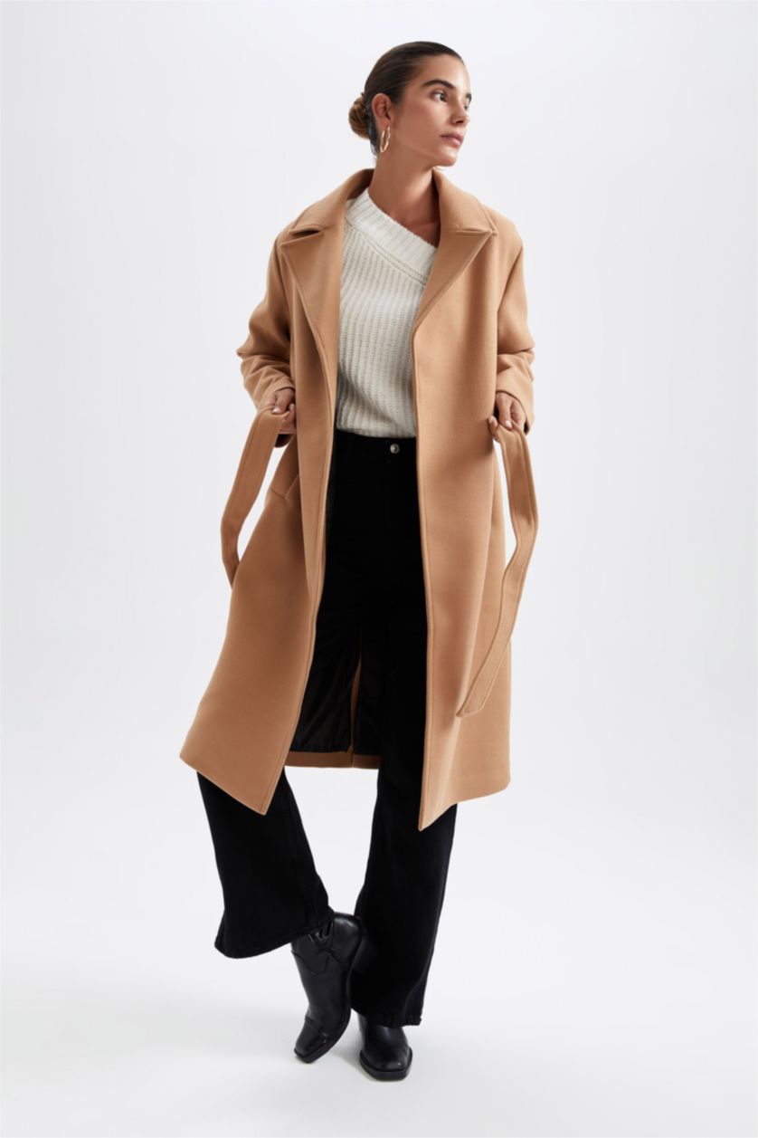 WOMAN Camel Regular Fit Belted Long Coat