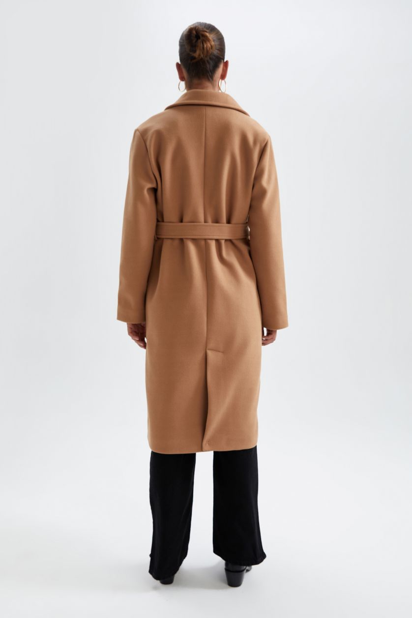 WOMAN Camel Regular Fit Belted Long Coat
