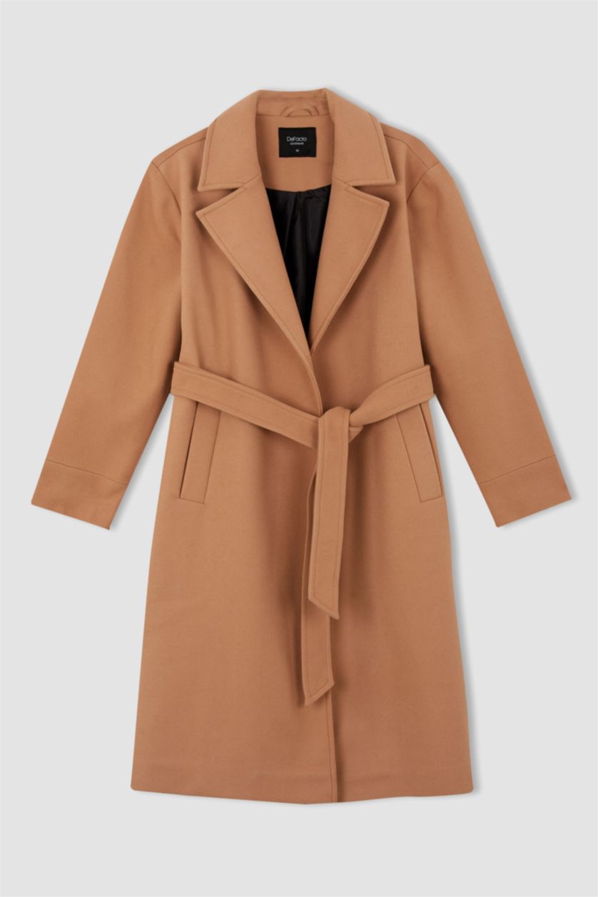 WOMAN Camel Regular Fit Belted Long Coat