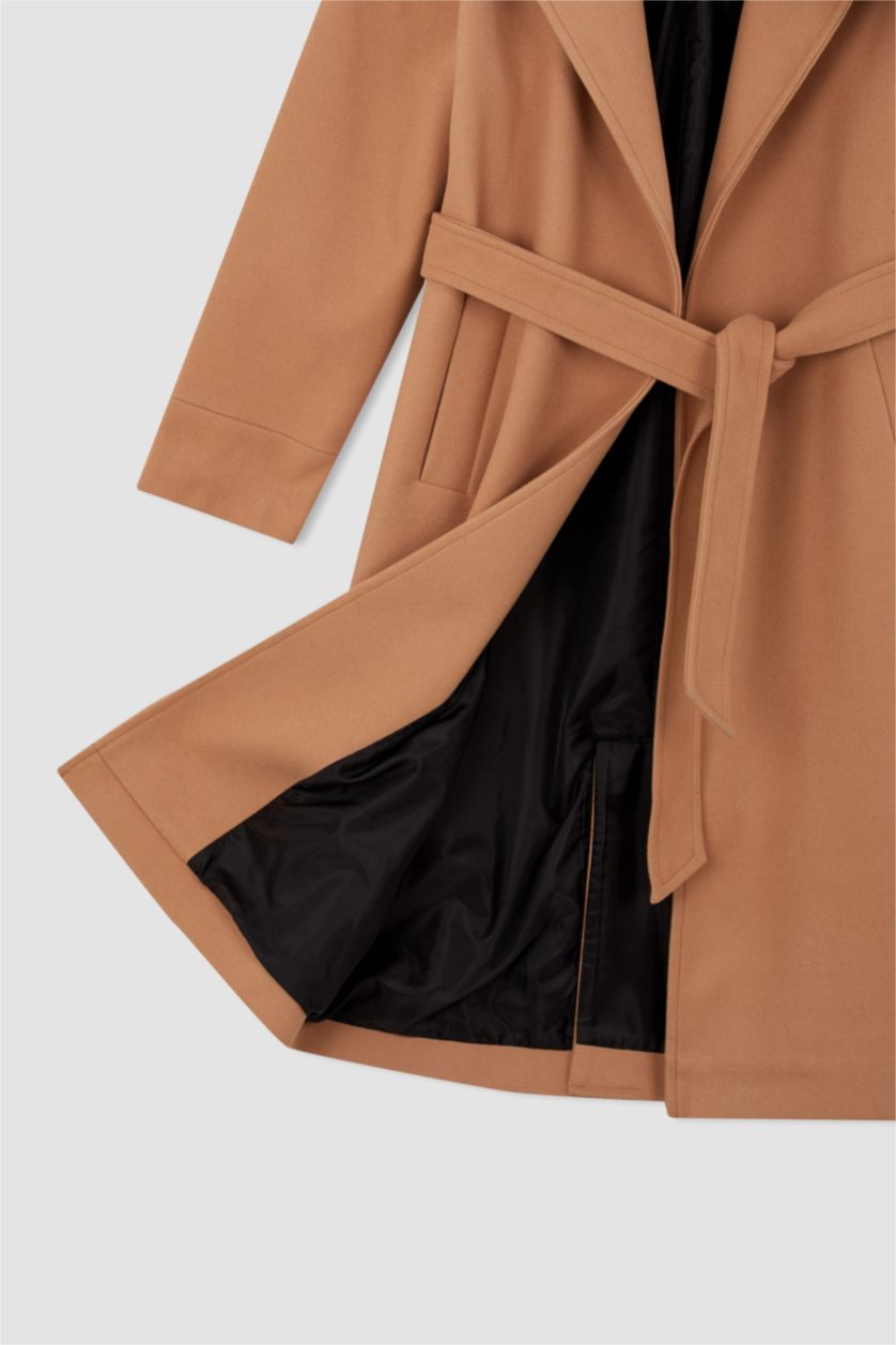 WOMAN Camel Regular Fit Belted Long Coat