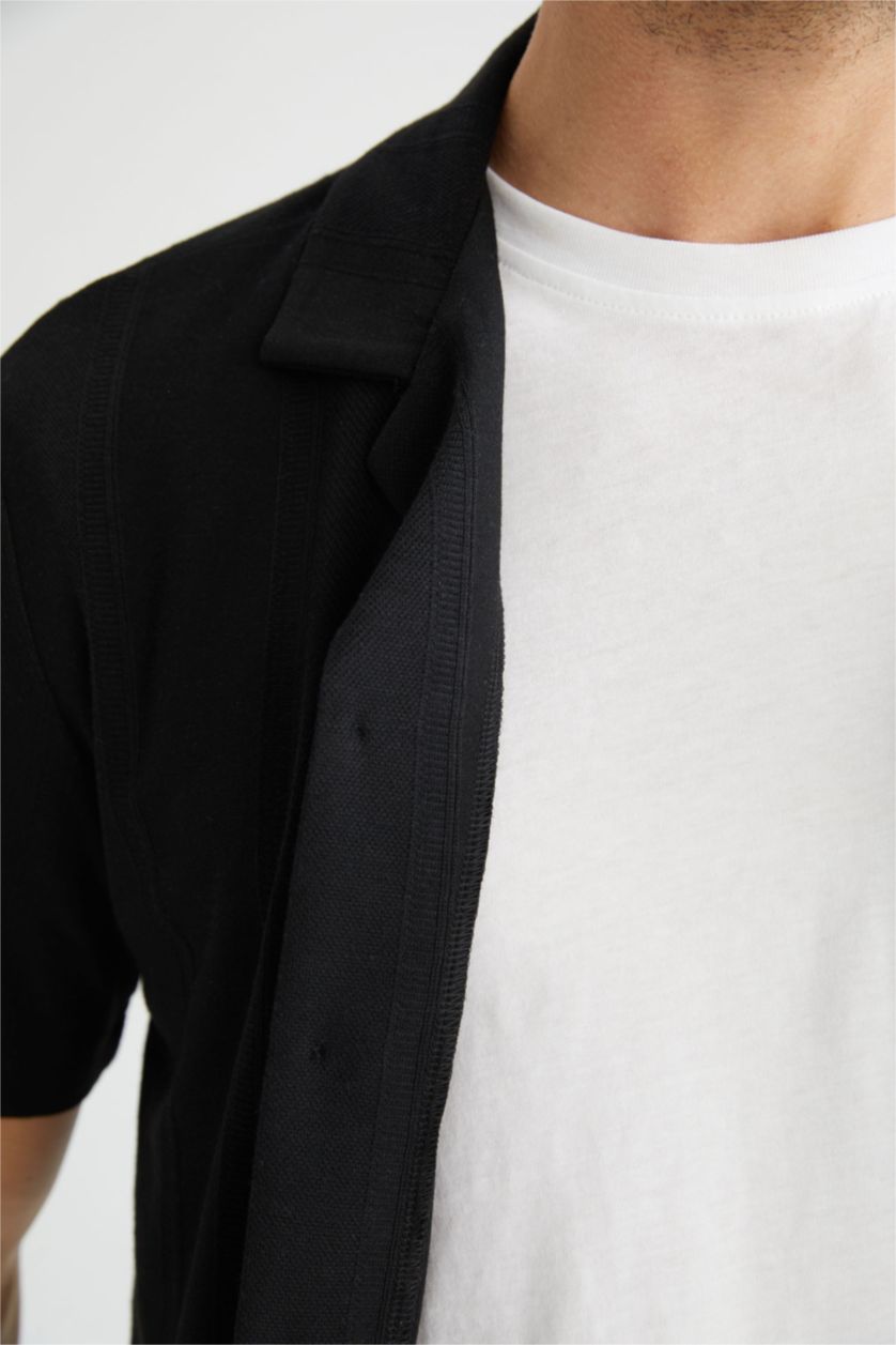 Erkek Siyah Regular Fıt Jakarlı Kısa Kollu Gömlek