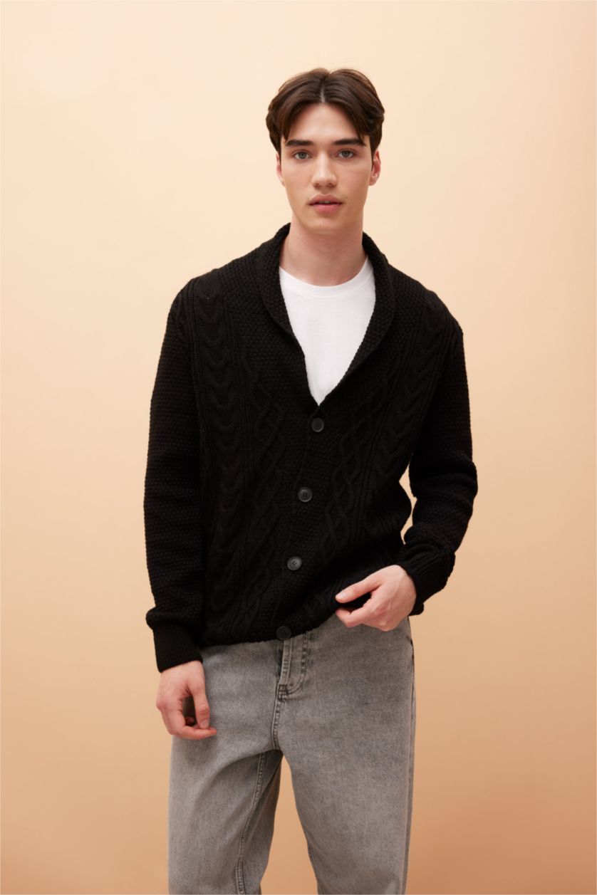 HOMME Noir Cardigan en tricot à col châle et à Coupe standard