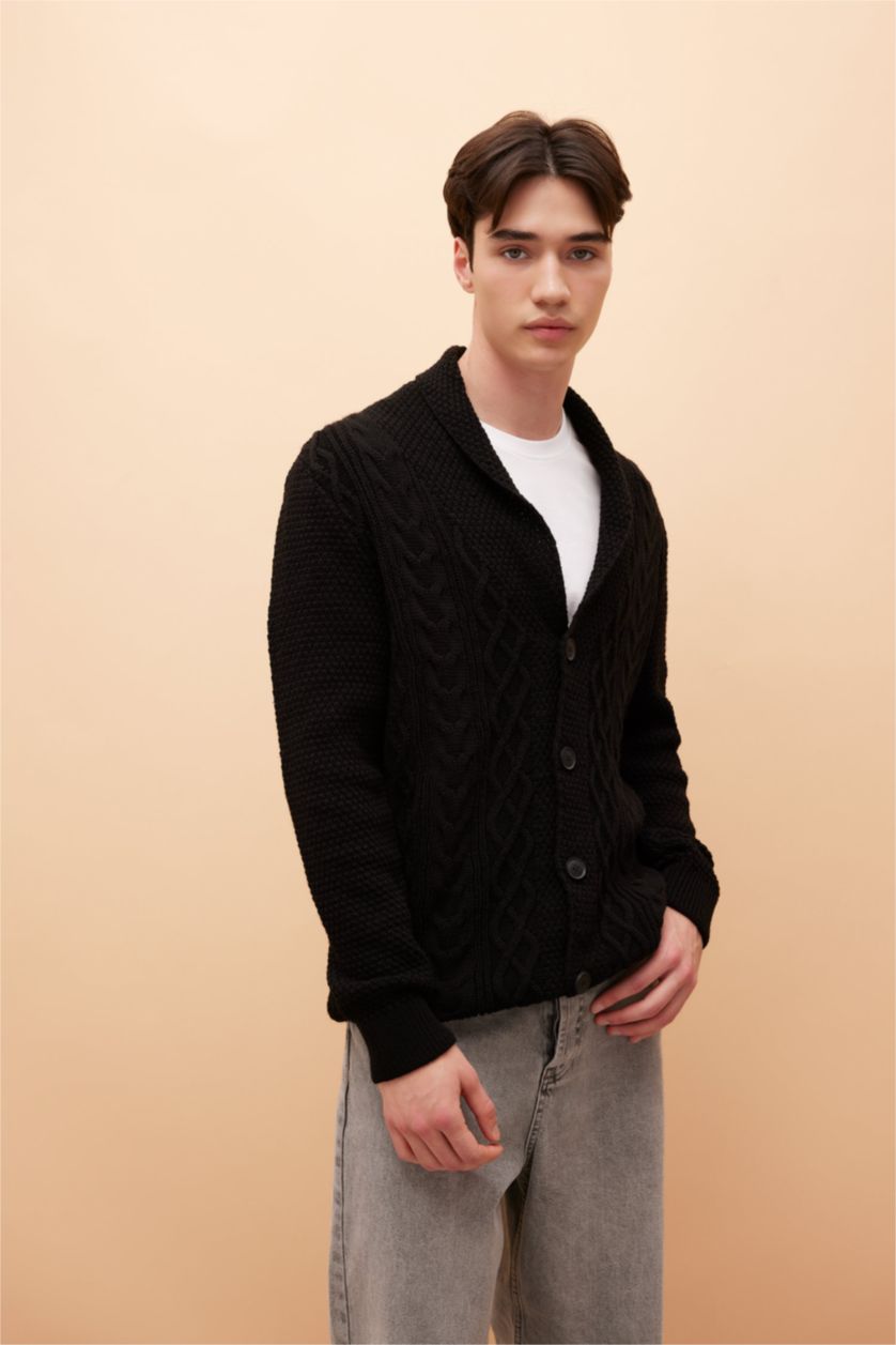 HOMME Noir Cardigan en tricot à col châle et à Coupe standard
