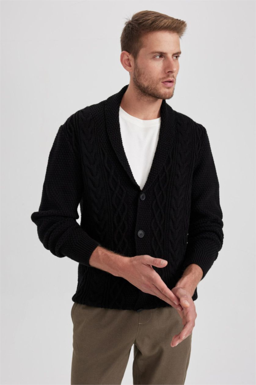 HOMME Noir Cardigan en tricot à col châle et à Coupe standard