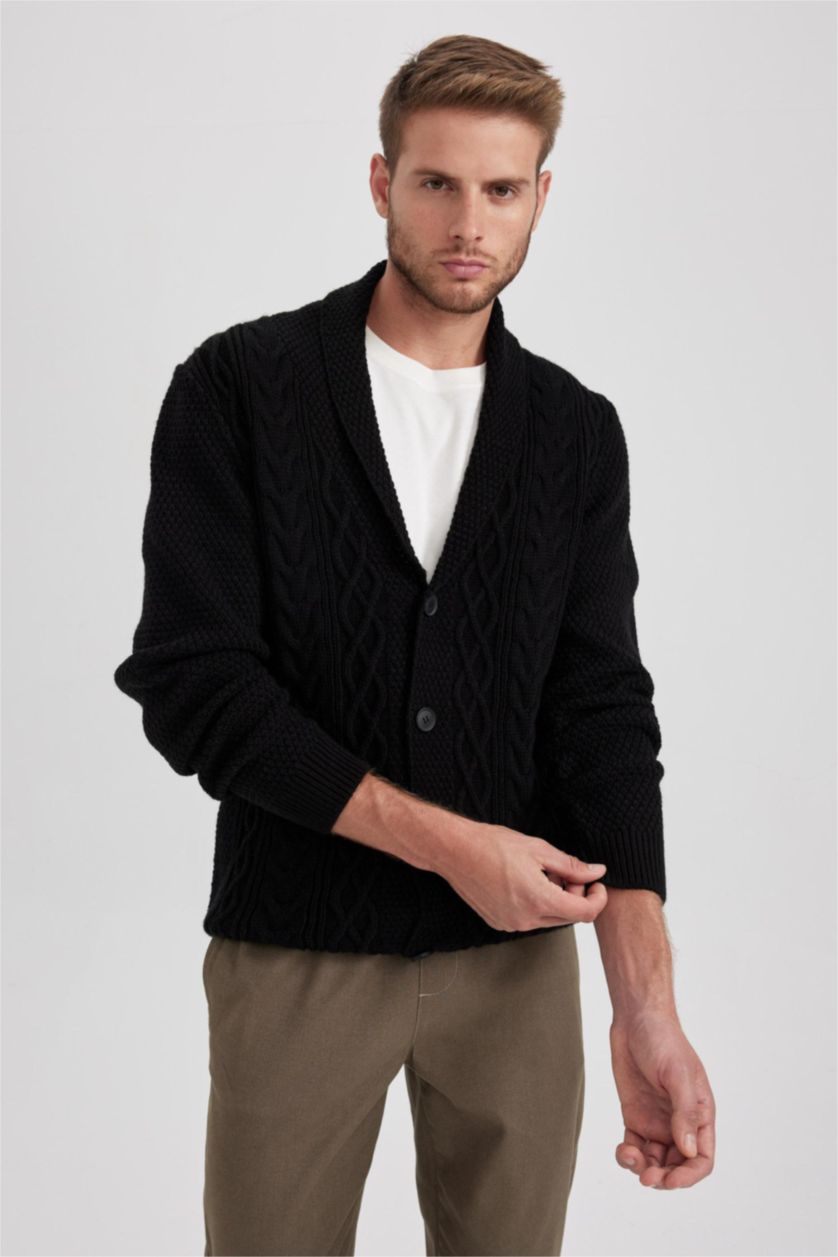 HOMME Noir Cardigan en tricot à col châle et à Coupe standard