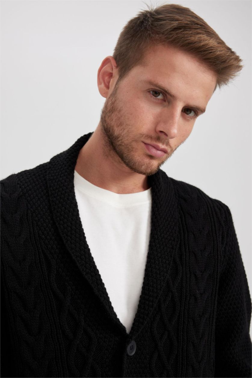HOMME Noir Cardigan en tricot à col châle et à Coupe standard