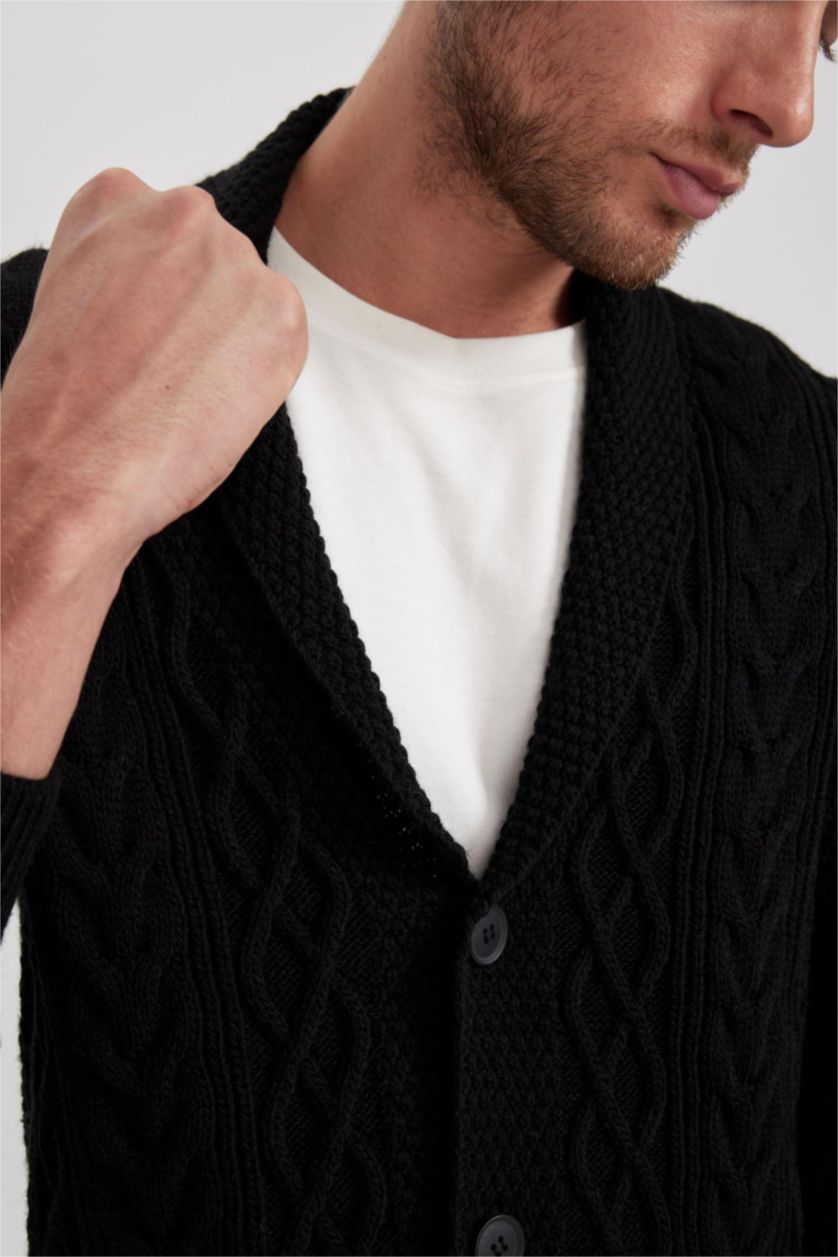 HOMME Noir Cardigan en tricot à col châle et à Coupe standard