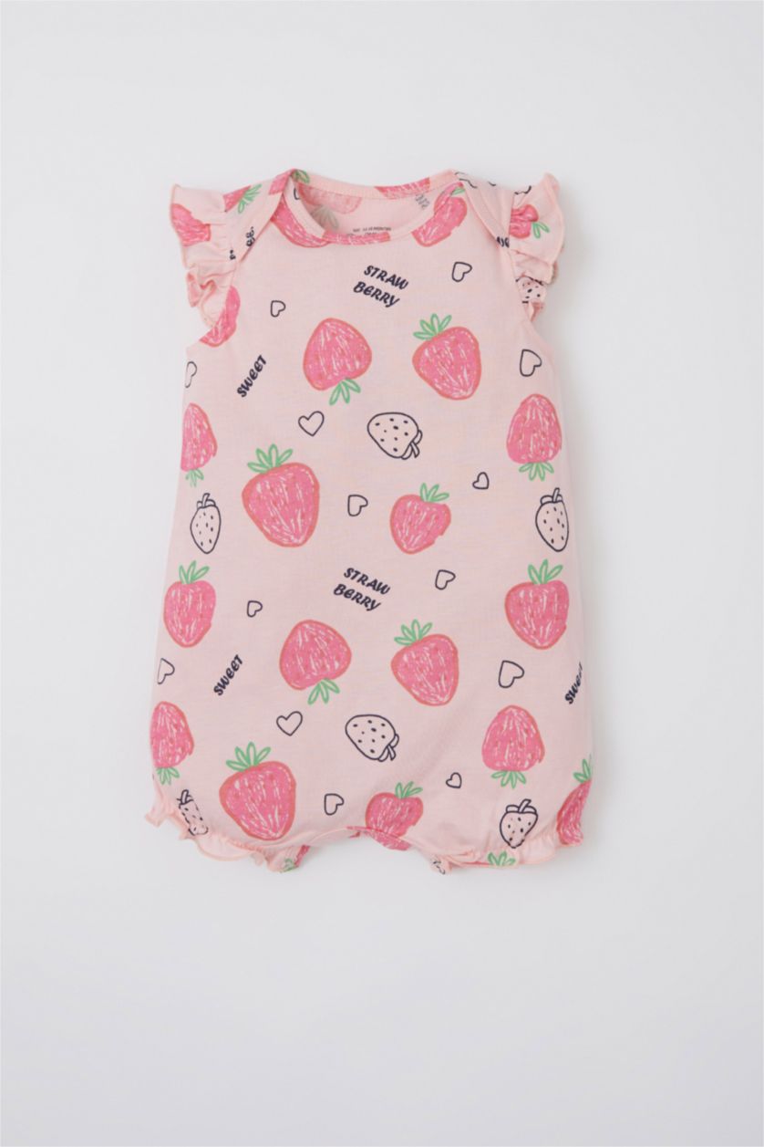 Kız Bebek Açık Pembe Kız Bebek Yenidoğan Çilek Desenli Yenidoğan Pamuklu Kısa Çıtçıtlı Tulum