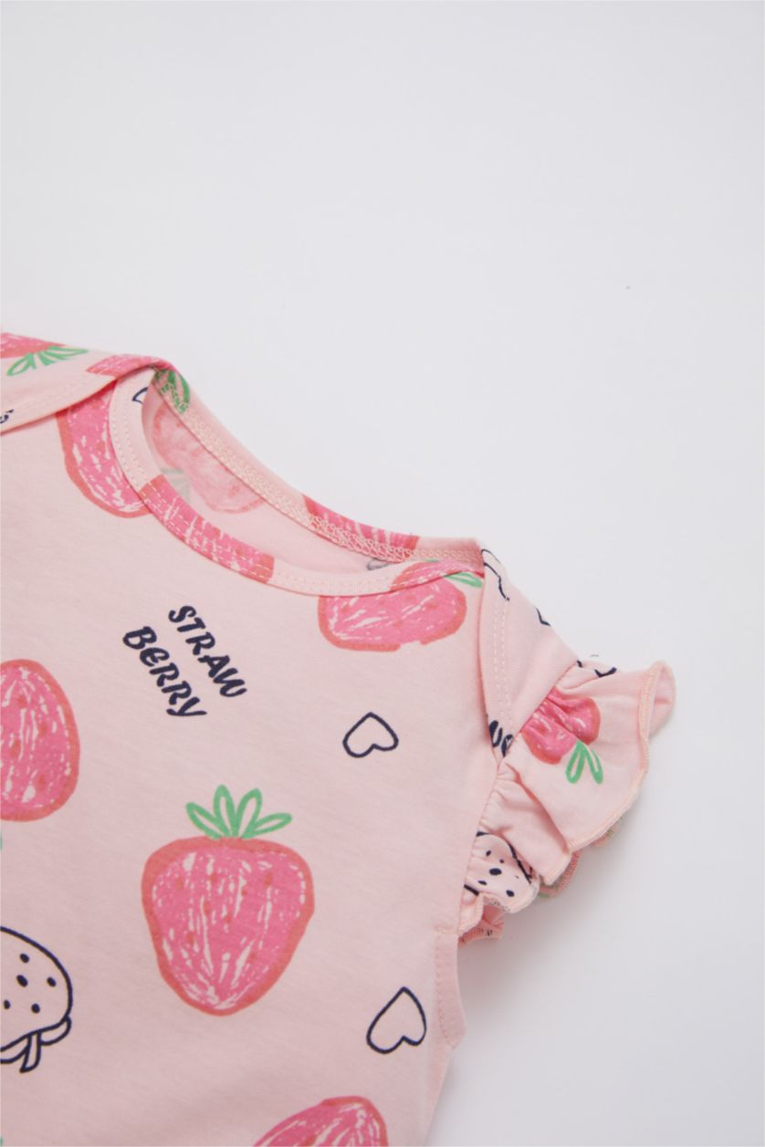 Kız Bebek Açık Pembe Kız Bebek Yenidoğan Çilek Desenli Yenidoğan Pamuklu Kısa Çıtçıtlı Tulum