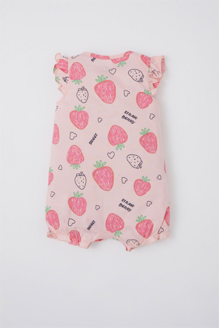 Kız Bebek Açık Pembe Kız Bebek Yenidoğan Çilek Desenli Yenidoğan Pamuklu Kısa Çıtçıtlı Tulum