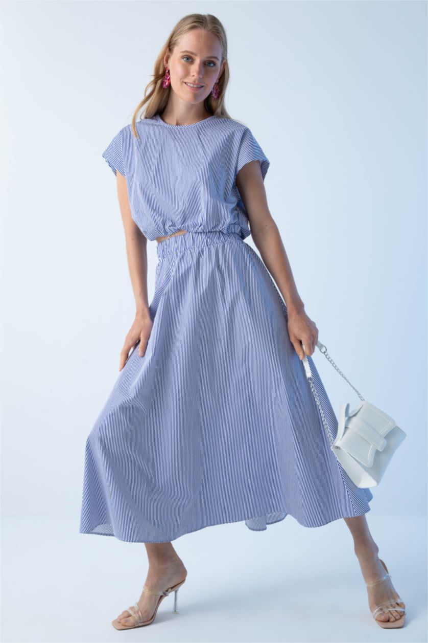 Kadın Beyaz A Kesim Çizgili Normal Bel Poplin Midi %100 Pamuk Etek