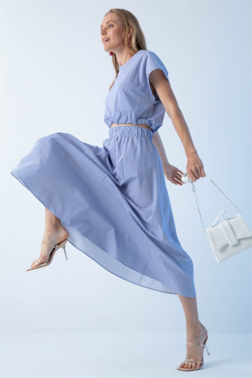 Kadın Beyaz A Kesim Çizgili Normal Bel Poplin Midi %100 Pamuk Etek