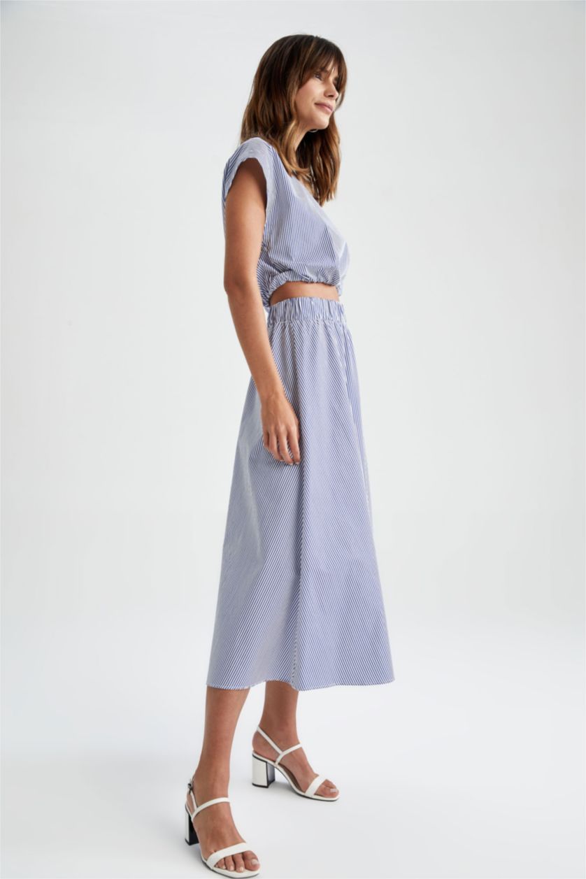 Kadın Beyaz A Kesim Çizgili Normal Bel Poplin Midi %100 Pamuk Etek