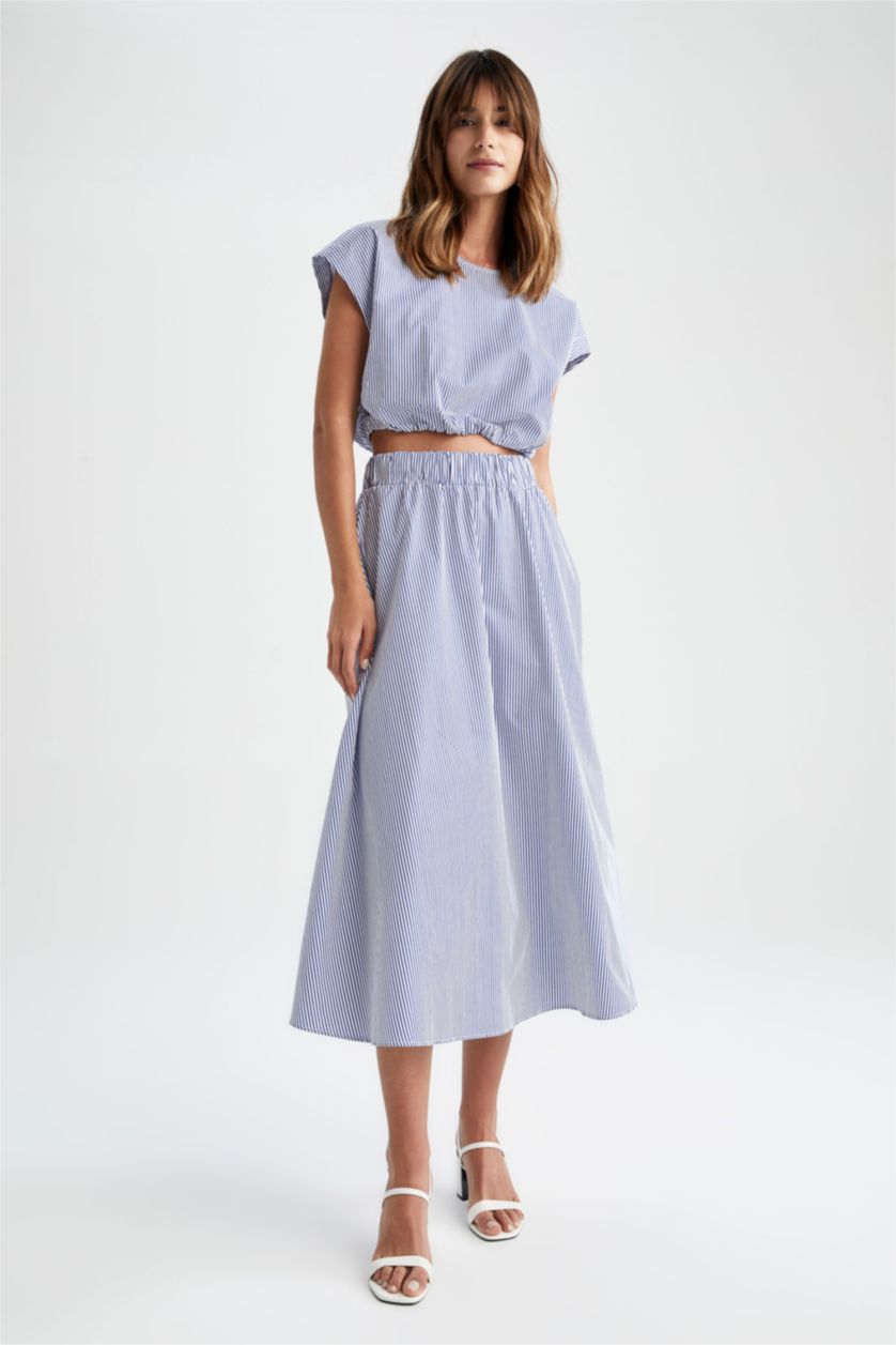 Kadın Beyaz A Kesim Çizgili Normal Bel Poplin Midi %100 Pamuk Etek