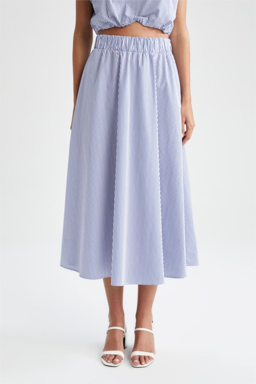 Kadın Beyaz A Kesim Çizgili Normal Bel Poplin Midi %100 Pamuk Etek