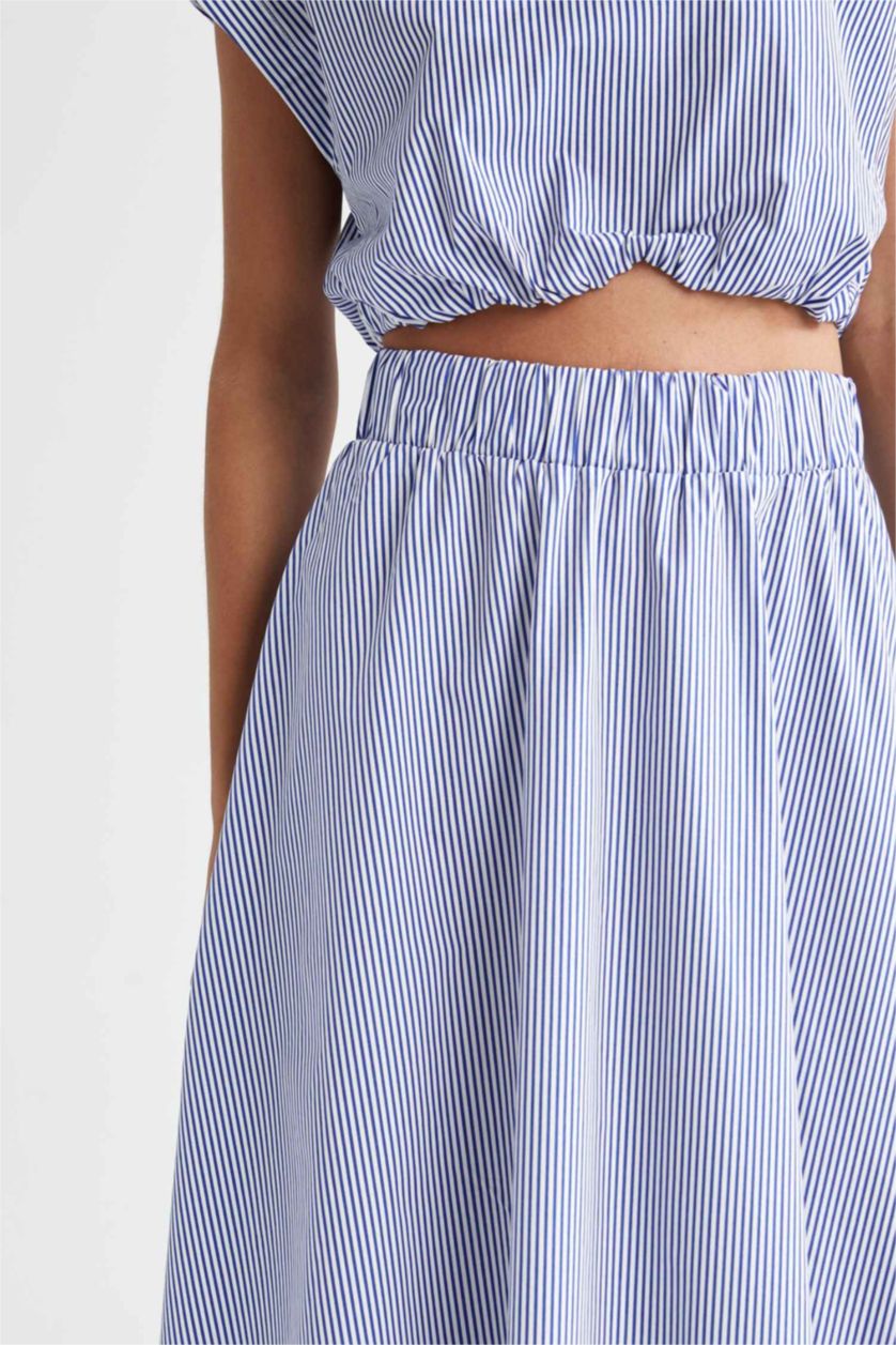 Kadın Beyaz A Kesim Çizgili Normal Bel Poplin Midi %100 Pamuk Etek