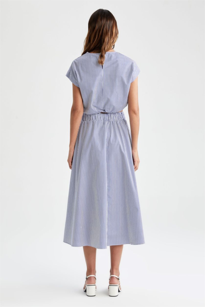 Kadın Beyaz A Kesim Çizgili Normal Bel Poplin Midi %100 Pamuk Etek