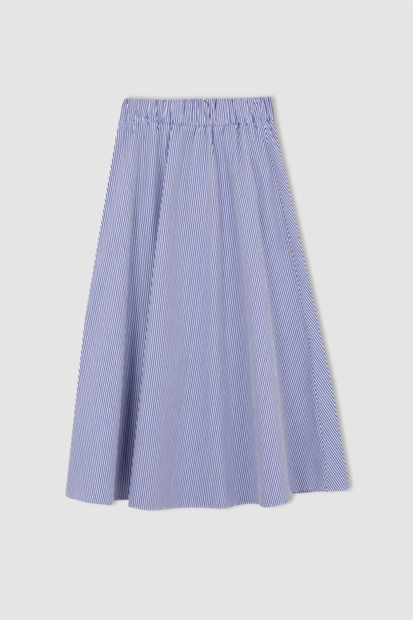 Kadın Beyaz A Kesim Çizgili Normal Bel Poplin Midi %100 Pamuk Etek