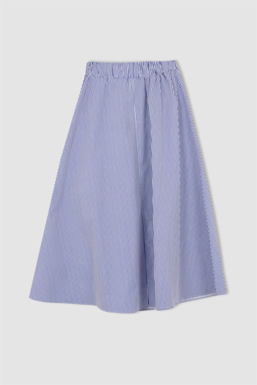 Kadın Beyaz A Kesim Çizgili Normal Bel Poplin Midi %100 Pamuk Etek