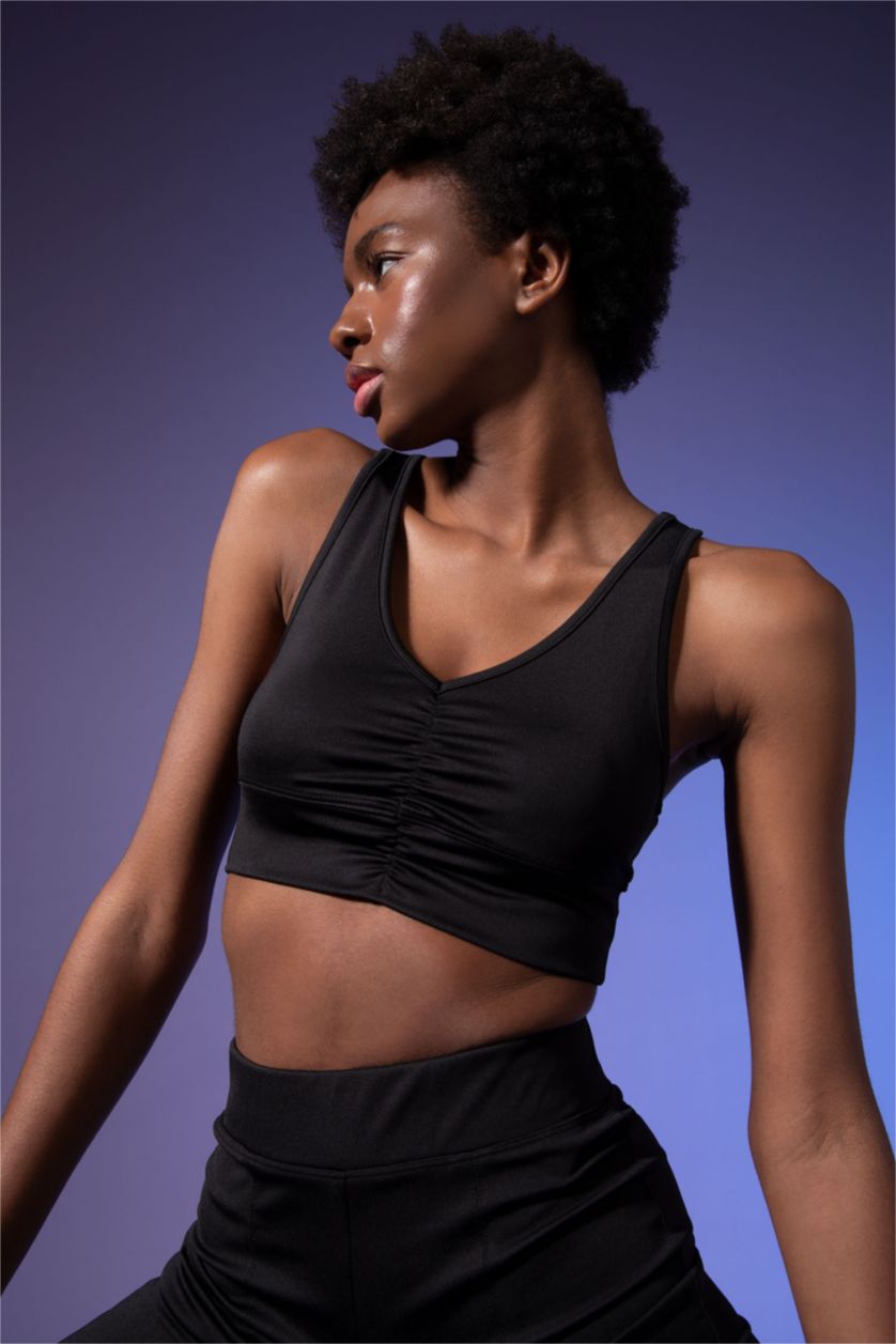 WOMAN Black Defacto Fit Strap V-Neck Front Drawstring Crop Top