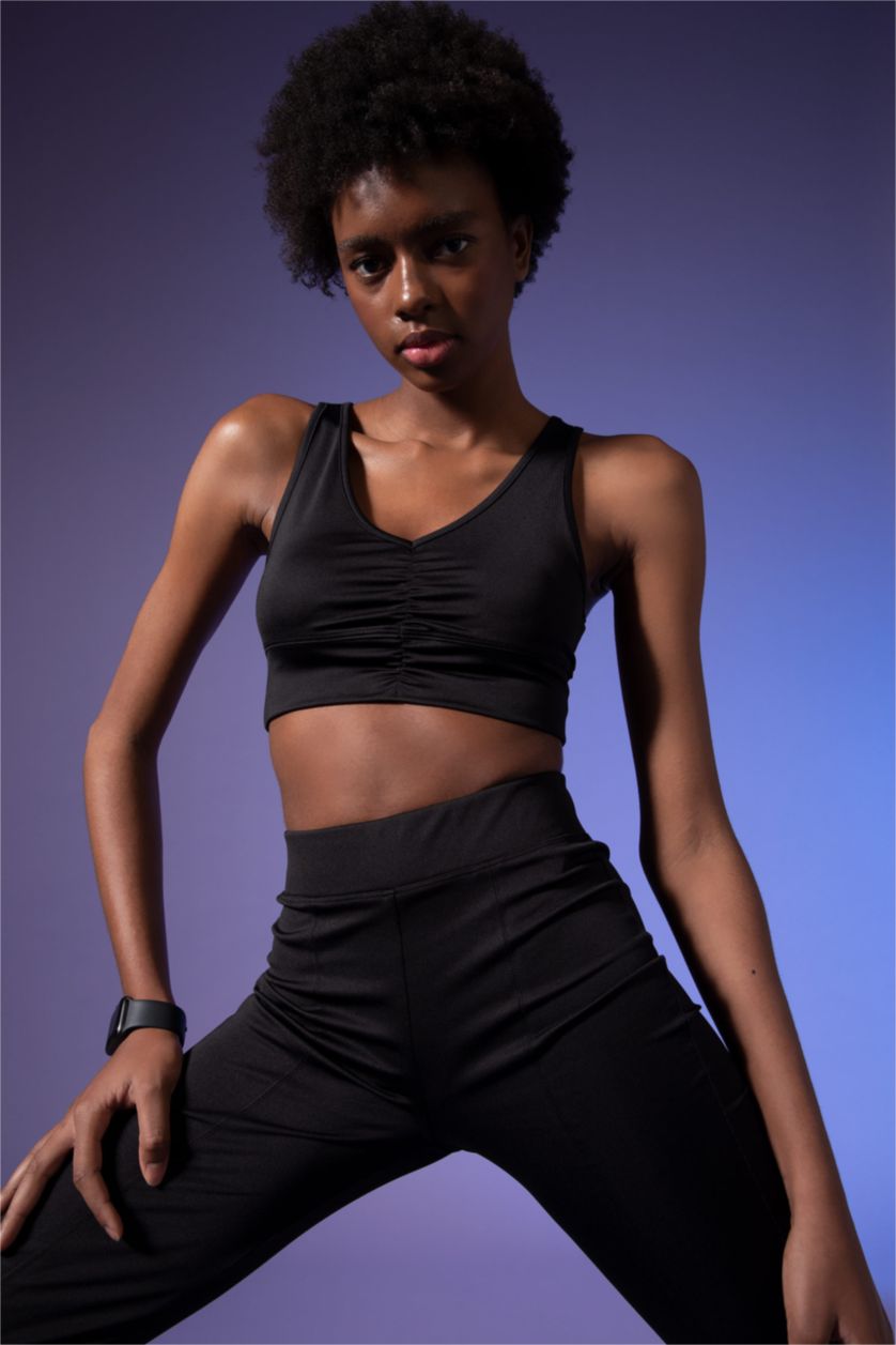 WOMAN Black Defacto Fit Strap V-Neck Front Drawstring Crop Top